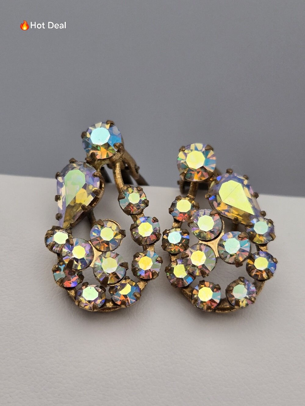 Vintage Aurora Borealis Rhinestone Dangle Clip-On Earrings Gold Tone AB Crystal